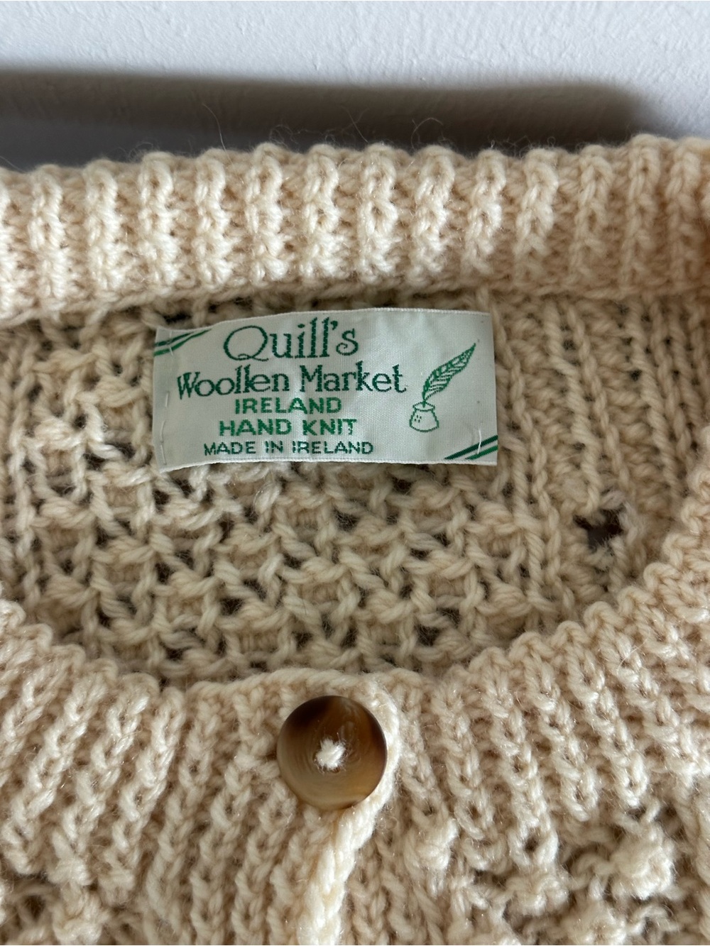 Quill’s Woollen Market Ireland Hand Cable Knit Cardigan Sweater Cream Ivory L